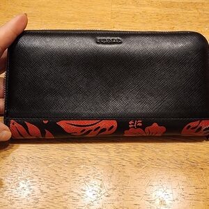 Prada Black Saffiano Zip Wallet with Red Floral Border